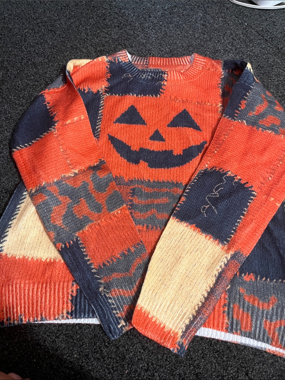 Halloween Patchwork Pumpkin Crewneck Sweater - Orange/Black